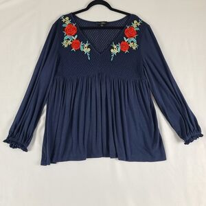 Susan Betro Wmn's 1X Applique Peasant Top Blouse Navy Boho
